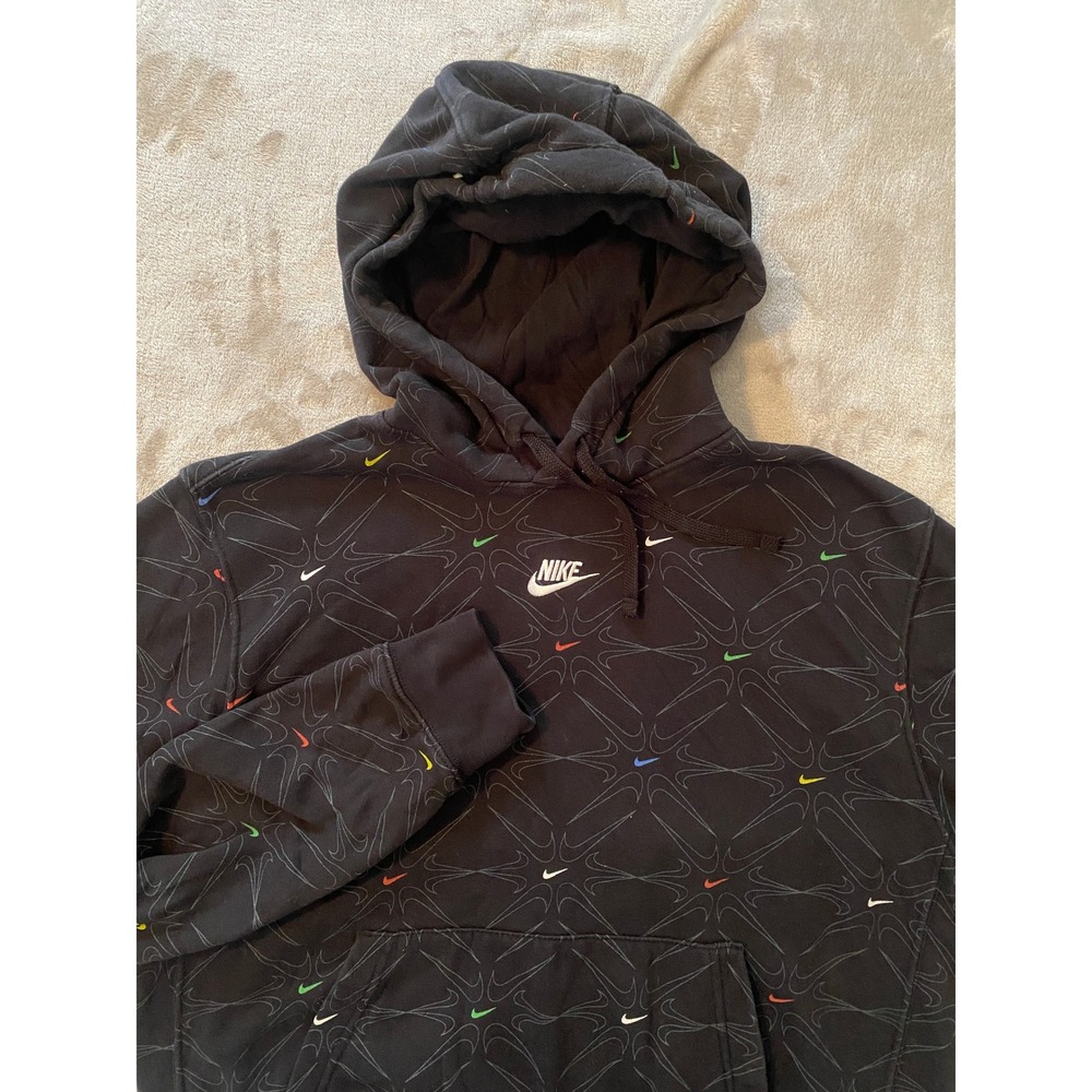 Nike Hoodie Mens Large Black Multi-Color Swoosh All Over Print Fleece Streetwear